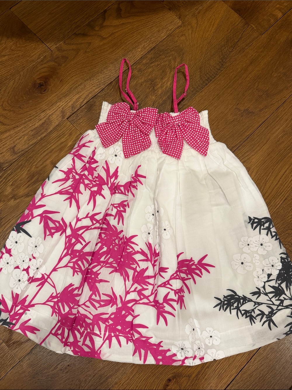 Girls' White Dress with Bright Pink Floral Print and Bow Straps